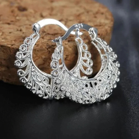 925 Sterling Silver Ornate Ethnic Hoop Earrings - Picture 3 of 6